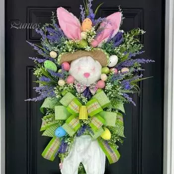 Венок с пасхальным кроликом, весеннее украшение на входную дверь, искусственный цветок, венок с кроликом и бантом для декора стены и окна Rabbit