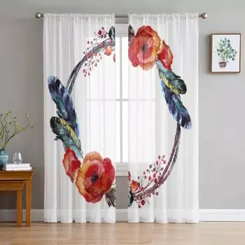 Венок с перьями в стиле бохо, тюлевые шторы для украшения гостиной, современная вуаль, шифоновые шторы, прозрачная вуаль для спальни 135W x 114H(cm)