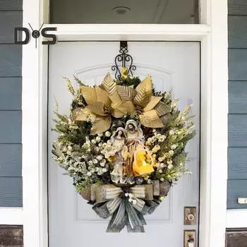 Венок Святого Семейства, рождественский венок с искусственными ягодами, шишкой, зимний религиозный венок на входную дверь с фигуркой Иисуса для дома 30cm золотистый