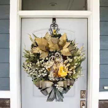 Венок Святого Семейства, рождественский венок с искусственными ягодами, шишкой, зимний религиозный венок на входную дверь с фигуркой Иисуса для 30cm золотистый