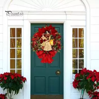 Венок Святого Семейства, рождественский венок с искусственными ягодами, шишкой, зимний религиозный венок на входную дверь с фигуркой Иисуса для дома 30cm золотистый