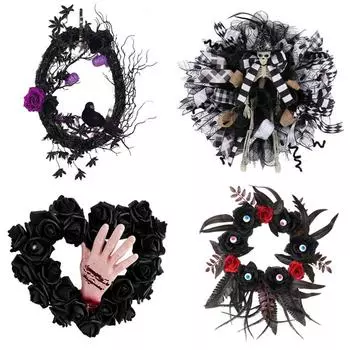 Венок ужасов на Хэллоуин, украшение на дверь, черный венок, венок ведьмы