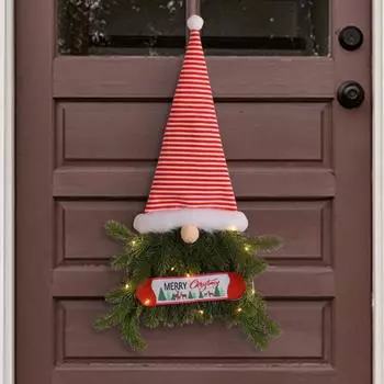 Венок в виде шляпы гнома со светодиодной подсветкой, рождественский венок для входной двери, искусственная сосна, ель, подвесное украшение, Санта-гном, домашний декор