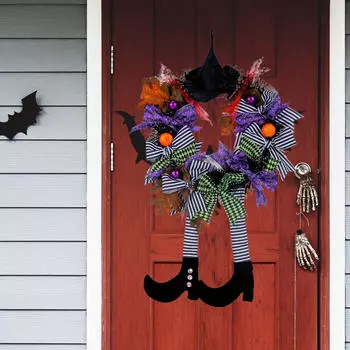 Венок ведьмы на Хэллоуин, венок со шляпой, ножки ведьмы, тыква, черный венок, подвеска на входную дверь