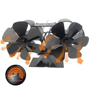 Вентилятор для дровяной печи, двойной 4-лопастной неэлектрический вентилятор для камина, активируемый теплом With Thermometer чёрный