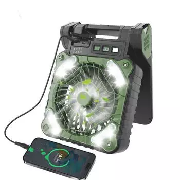 Вентилятор для кемпинга, Солнечный вентилятор с 4 регулируемыми скоростями, USB-кабель для зарядки, 2 порта для зарядки, Светодиодная лампа, зелёный