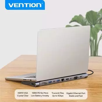 Vention 12 в 1 USB C HUB 4K 30 Гц Type C на HDMI 3.0 RJ45 PD 100 Вт SD/TF адаптер для Macbook Air Pro iPad Pro M2 M1 ПК аксессуары USB 2.0 HUB 12 in 1 серый