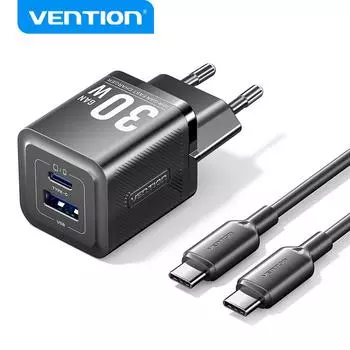 Vention 30W GaN зарядное устройство Quick Charge 4.0 3.0 Type C PD зарядное устройство для iPhone 15 14 13 Pro Max быстрое зарядное устройство для ноутбука USB C зарядное устройство EU Plug чёрный
