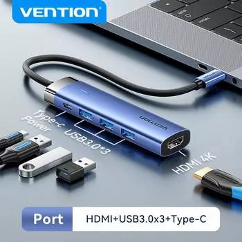 Vention 5 в 1 USB C Hub 4K HDMI USB HUB 100 Вт многопортовый адаптер для MacBook Pro/Air iPad Pro iMac iPhone 15 Pro/Pro Max XPS USB 3.0 Hub 15cm синий