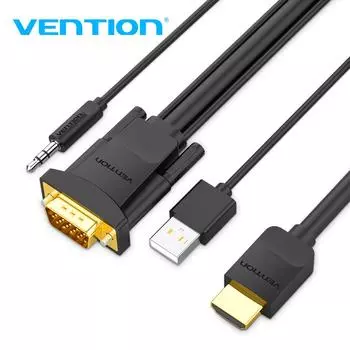 Кабель HDMI VGA Vention HDMI Male to VGA Male Converter с 3,5-мм аудио-USB-кабелем питания Адаптер для ПК TV BOX 1080P HDMI to VGA 1m чёрный