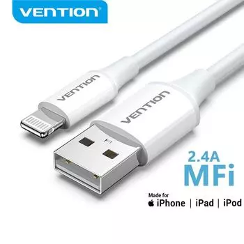 Кабель Vention MFi USB-Lightning для iPhone 14, 13, 12 Pro Max, 2,4 А, кабель для быстрой зарядки iPhone, кабель для зарядки, USB-кабель для передачи данных 1M белый