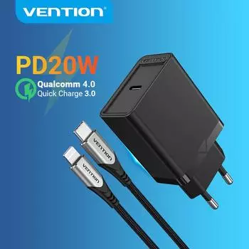Vention PD 20 Вт USB зарядное устройство Quick Charge 4.0 3.0 USB Type C Быстрое зарядное устройство для iPhone 13 12 Xs Xiaomi Phone QC4.0 QC3.0 PD Зарядное устройство чёрный