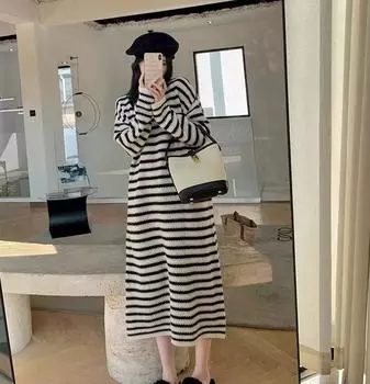 Верблюжье бархатное полосатое вязаное платье женское, осень 2023, свободное с круглым вырезом и длинными рукавами, восковое шерстяное вязаное платье, пуловер, свитер, женские топы One Size чёрный