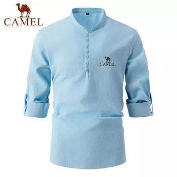 Верблюжья новая вышивка, модная ретро мужская весенне-осенняя хлопковая льняная рубашка со стоячим воротником, деловая приталенная повседневная рубашка, рубашка с длинными рукавами S