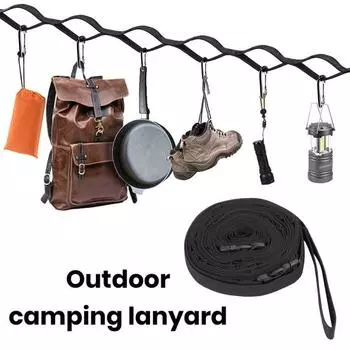 Веревка для белья с крючками, износостойкий, прочный, быстросъемный ремень для хранения в кемпинге, аксессуары для палатки чёрный