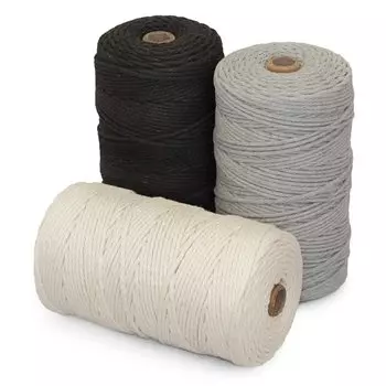 Веревка для макраме, нить, рулон 200 м, набор из 3 рулонов, диаметр около 3 мм, светлая [CRAFT LIFE] (Слоновая кость, Серый, Черный)