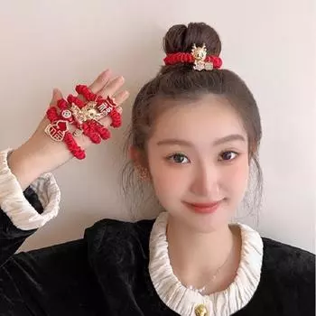 Веревка для волос для девочек Год Дракона Праздничная высокая эластичность Противоскользящая Неразрывная красная подвеска в виде мультяшного дракона Горный хрусталь Декор Кольцо для волос Держатель для хвоста B