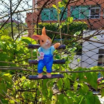 Веревочная лестница, статуэтка кролика, мультяшный кролик, статуэтка из смолы, скульптура, украшение для дома, сада, дерева, подвесное украшение, орнамент Rabbit