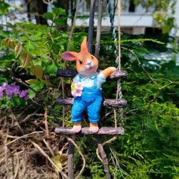 Веревочная лестница, статуэтка кролика, мультяшный кролик, статуэтка из смолы, скульптура для дома, улицы, сада, дерева