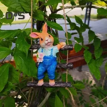 Веревочная лестница, статуэтка кролика, мультяшный кролик, статуэтка из смолы, скульптура, украшение для дома, сада, дерева, подвесное украшение, орнамент Rabbit