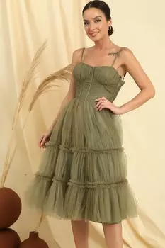 Веревочный ремень, без бретелек, нижняя юбка на косточках, многослойное тюлевое короткое платье