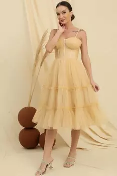 Веревочный ремень, без бретелек, нижняя юбка на косточках, многослойное тюлевое короткое платье