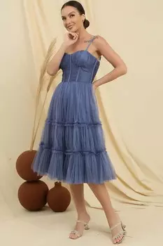 Веревочный ремень, без бретелек, нижняя юбка на косточках, многослойное тюлевое короткое платье