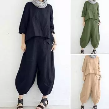 Верх, брюки, костюм, однотонные рукава, цвет, свободный подол три четверти, ретро, нерегулярный, мягкий, дышащий L армия зеленый