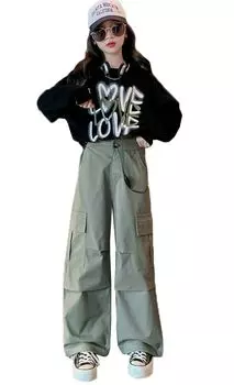 Верх и низ стильный длинный рукав толстовка длинная юниорский спортивный хип-хоп танцевальный костюм цвет [Mouhokyo] детская одежда, джерси для девочек, комплект из 2 предметов