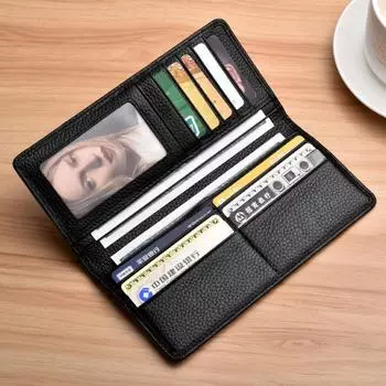 Верх из воловьей кожи, длинный кошелек для мужчин, кошелек, деловой мужской тонкий мягкий кошелек из натуральной кожи, кошелек для монет чёрный