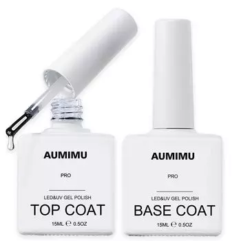 Верхнее гель-покрытие AUMIMU, базовое покрытие 15 мл, набор из 2 шт. Не требует протирания, большой объем, совместимый с алмазным блеском, для ногтей, не требует протирания, УФ/светодиодный, долговечный