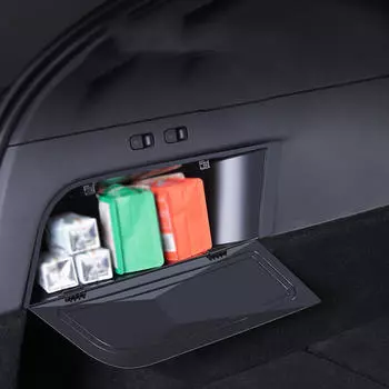 Верхний ящик для хранения в задней части багажника. Простая установка с крышкой для внутренних аксессуаров модели Y.