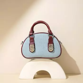 Верхний слой коровьей кожи с джинсовой тканью Mantou Bag Высококачественная ретро-сумка на одно плечо с застежкой-молнией Мини-сумка 20x7x13cm