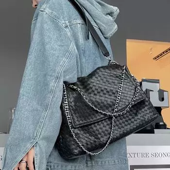 Верхний слой овчины плетеная ретро сумка на цепочке большая вместимость одно плечо сумка через плечо сумка подмышкой модная натуральная кожа женская сумка 37x12x27cm кларет
