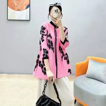 Верхний женский весенний новый повседневный свободный и утягивающий стиль, элитный воротник-стойка, уменьшенный возраст, рукава 3/4, сложенная рубашка M розовый