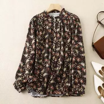 Верхняя часть осенняя художественная хлопковая льняная блузка с винтажным цветочным принтом на пуговицах повседневная рубашка с длинным рукавом для женщин M