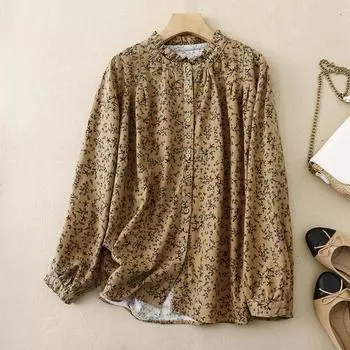 Верхняя часть осенняя художественная хлопковая льняная блузка с винтажным цветочным принтом на пуговицах повседневная рубашка с длинным рукавом для женщин M