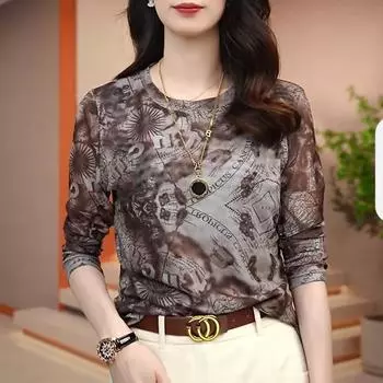 Верхняя часть с принтом Ранняя осень Новый дизайн Feeling Foreign, приятная для кожи футболка с длинными рукавами Нижняя рубашка S