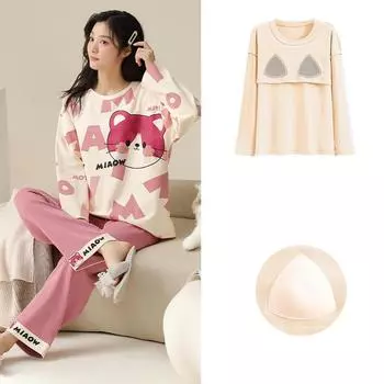 Верхняя часть Женская пижама из чистого хлопка Брюки с длинными рукавами из чистого хлопка Женский пижамный комплект 1 комплект Осенняя удобная нагрудная накладка M
