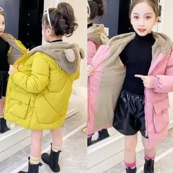 Верхняя одежда для девочек с капюшоном из плотного бархата, зимние теплые пальто, парки, куртки, симпатичные однотонные пуховики, детская повседневная одежда 110 красный