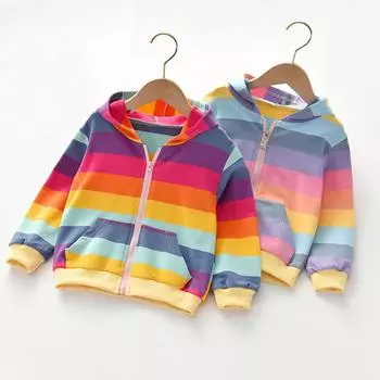 Верхняя одежда для девочек в радужную полоску, повседневная толстовка с капюшоном на молнии, толстовка с капюшоном, детские пальто, наряды, топы 100