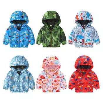 Верхняя одежда для маленьких мальчиков и девочек, пальто с капюшоном и принтом, детская одежда на молнии, ветрозащитные куртки, топы 100