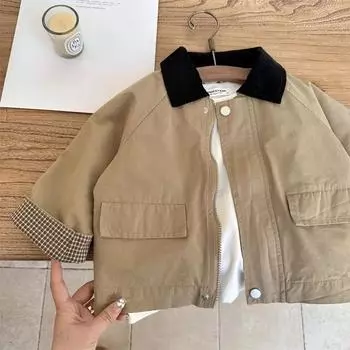 Верхняя одежда для тренча на весну и осень Отложной воротник Молния Длинный рукав Loods Ретро Лоскутное Цветовое Сочетание Простой Чистый Повседневный Удобный Детский 100cm хаки