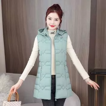 Верхняя одежда из хлопка с пухом, средняя и длинная, легкий жилет, новый осенне-зимний модный тонкий жилет с воротником-стойкой XL 90-50 kg чёрный