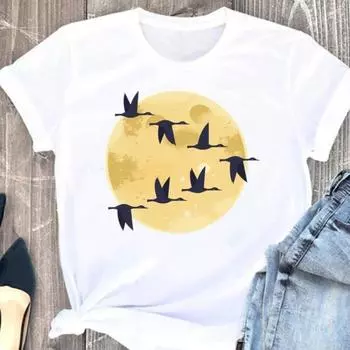 Верхняя одежда Милая простая футболка с принтом в виде птиц с коротким рукавом Винтажная одежда Женская одежда в стиле Харадзюку Футболка большого размера XXXL