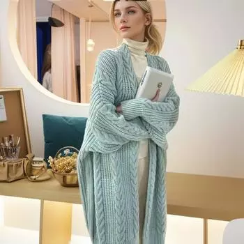 Верхняя одежда на осень и зиму Вязаный кардиган Женский свитер Кардиганы Вязаные куртки Свободные оверсайз Длинный рукав Элегантность Милые повседневные пальто Базовые модели One Size светло-синий