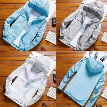 Верхняя одежда с капюшоном и УФ-защитой в полоску, тонкая мужская солнцезащитная одежда, солнцезащитное пальто с длинными рукавами и молнией, солнцезащитное пальто с карманами M серый