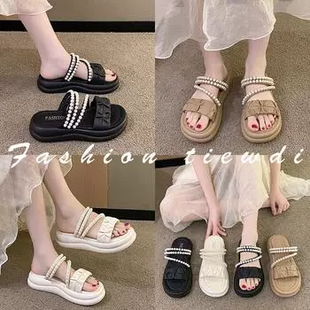 Верхняя одежда, тапочки-маффины с жемчужными складками, женские летние пляжные тапочки с толстой подошвой, одно слово, перетянутое двумя носками, сандалии, тапочки, женская модная женская обувь 35