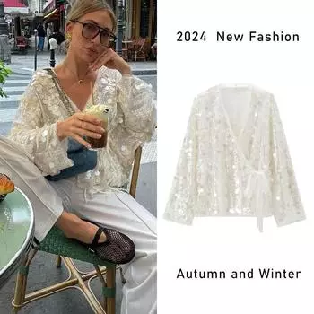 Верхняя одежда, украшенная пайетками, на шнуровке, женская свободная элегантная куртка с длинными рукавами, пальто с V-образным вырезом и пайетками S белый