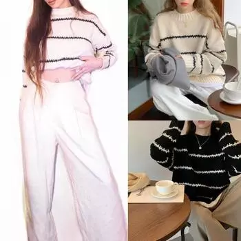 Верхняя одежда Женские повседневные трикотажные топыЖенские теплые толстые полосатые свитера-пуловеры Осень-зима с длинным рукавом Свободные ленивые полуводолазки One Size чёрный